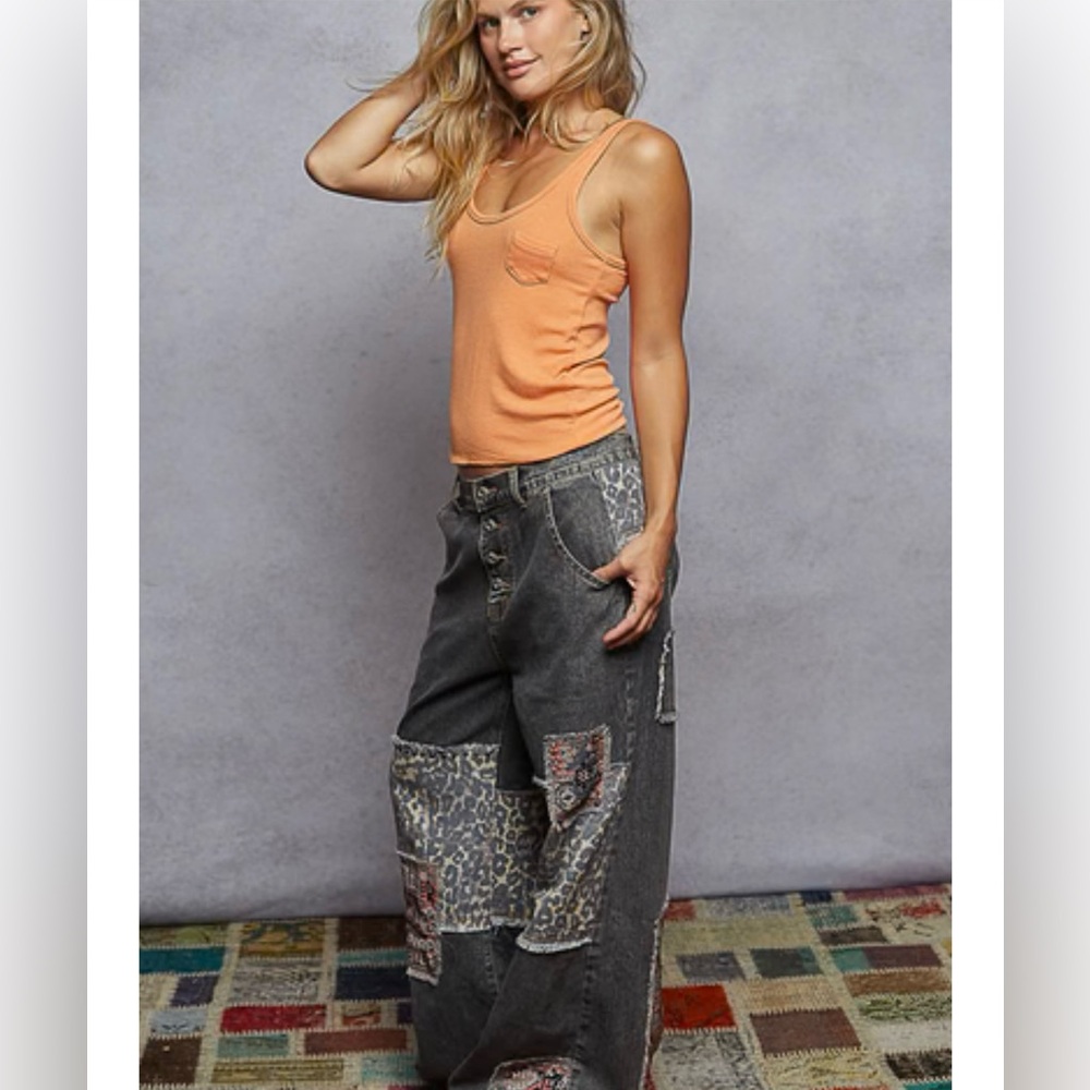 POL Denim Mixed Print Patchwork and Stud
Detailed Pants in Black